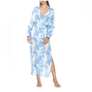 ALEXIA ADMOR Kacey Draped Maxi Dress Sz 2/XS Dolman Sleeve Blue White Plunge
